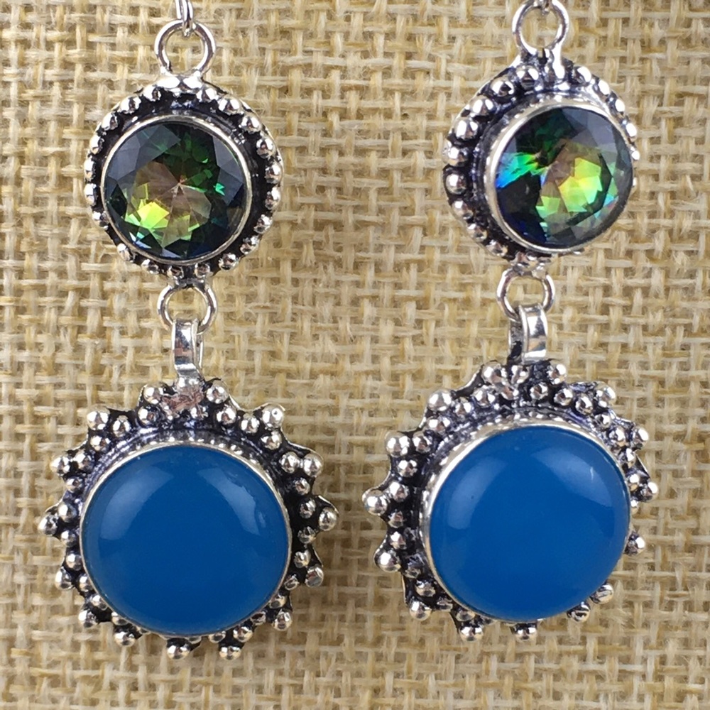 New Mystic Topaz Stone Silver Overlay Hook Dangle Earrings - Picture 5 of 8
